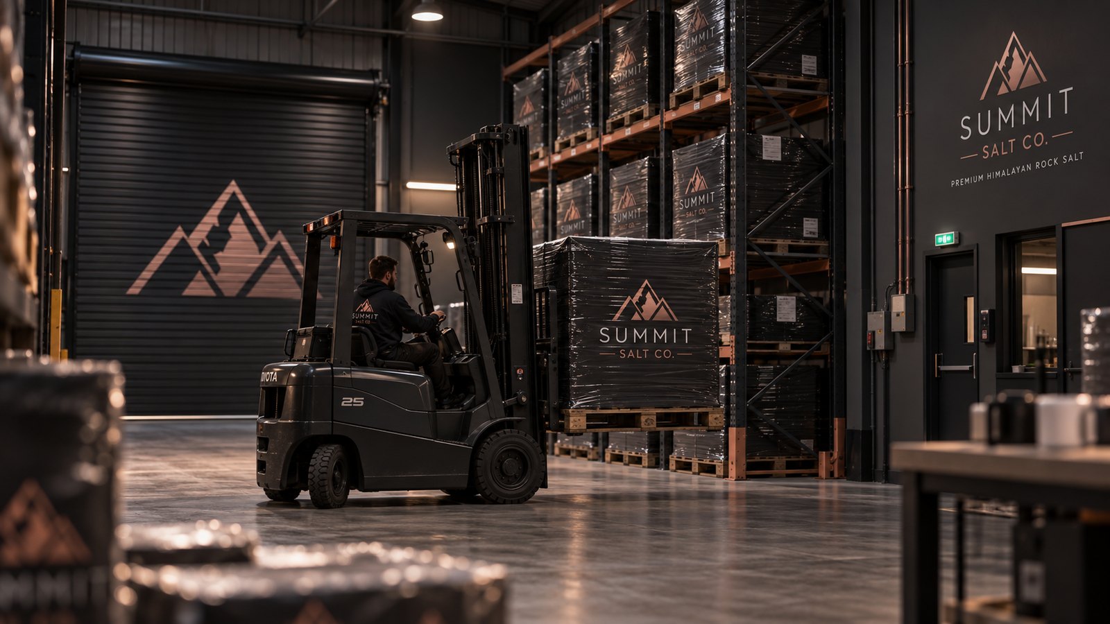 Forklift moving a shrink-wrapped, Summit Salt Co. branded pallet inside the warehouse