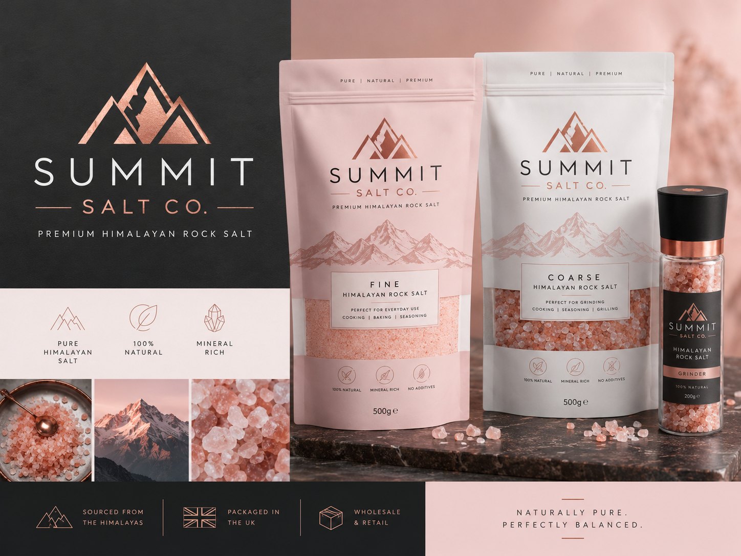 Summit Salt Co. brand and product range — fine and coarse 500g pouches and 200g grinder