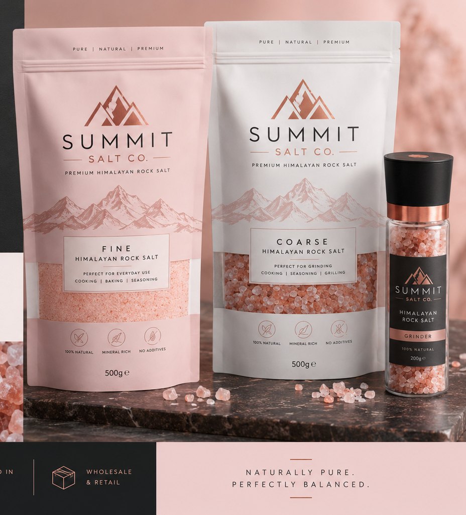 Summit Salt Co. fine and coarse Himalayan rock salt pouches with grinder