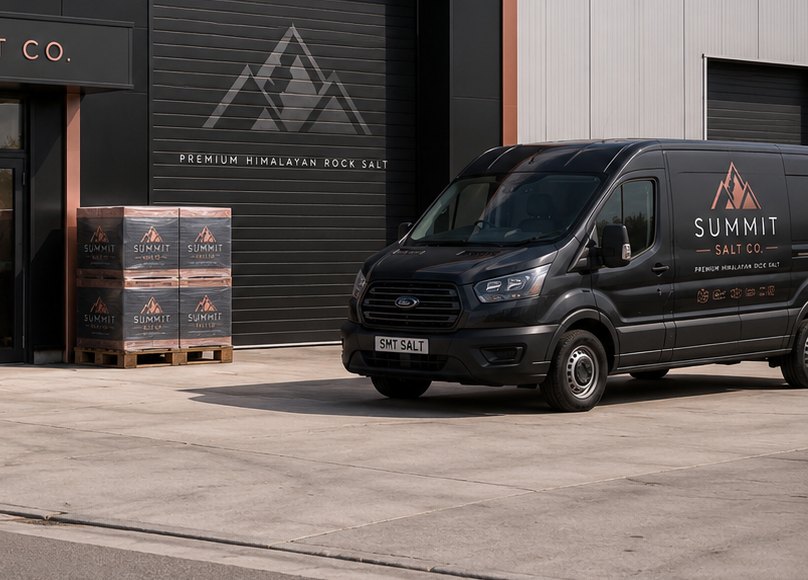 Summit Salt Co. branded delivery van beside palletised trade stock